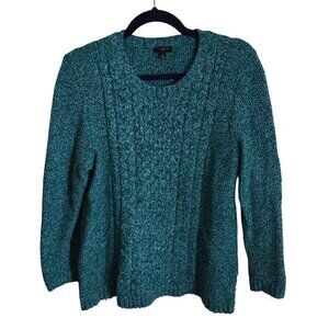 Talbots Cable Knit Teal Marled Merino Wool Side Zip Tunic Sweater Size Mp